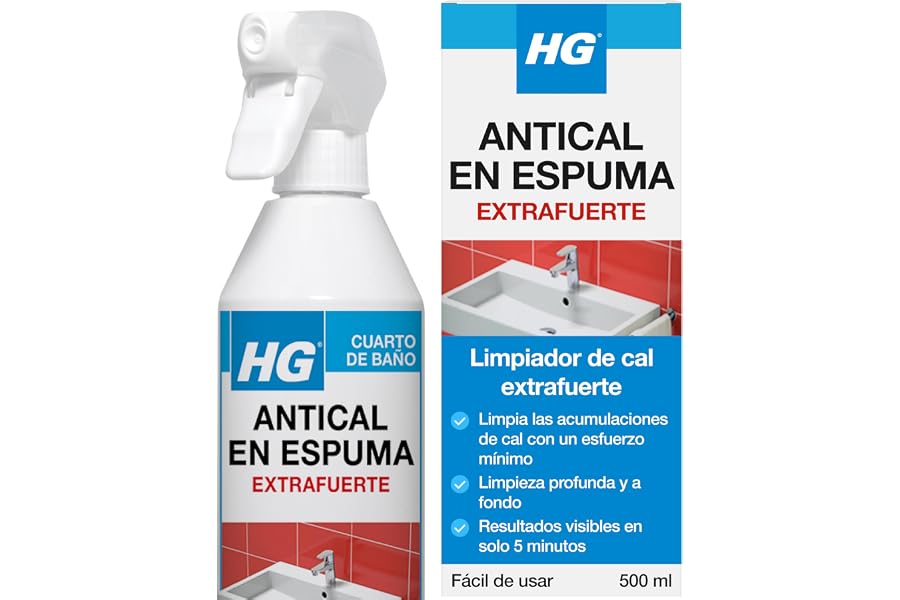 HG Espuma Antical Súper Potente, Elimina las Manchas y Restos de Cal de Grifos y WC, Limpia Baños, Duchas, Bañeras y Mamparas