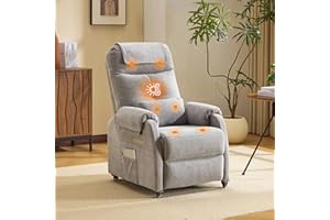 Bonnlo Recliner Armchair with Wheels Electric Reclining Chair with Massage & Heat, Hight Back Chair with Adjustable Footrest, Side Pockets for Living Room, Bedroom, Remote Control, Fabric, Light Grey