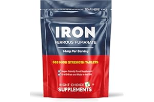 RIGHT CHOICE SUPPLEMENTS Iron Tablets High Strength 14mg - 365 Tablets, 12 Months Supply - Vegan Iron Supplements for Women and Men - Ferrous Fumarate Energy Tablets, Reduces Tiredness and Fatigue - UK Made Iron Vitamin