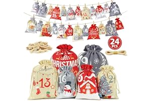 AISSZHAO 2025 Advent Calendar Gift Bags,DIY Advent Calendar Kit Reusable Fabric Calendar Drawstring Gift Bags to Fill Yourself,Christmas Advent Hanging with 24 Red Storage Bag Xmas Tree Door Window Gifts Décor