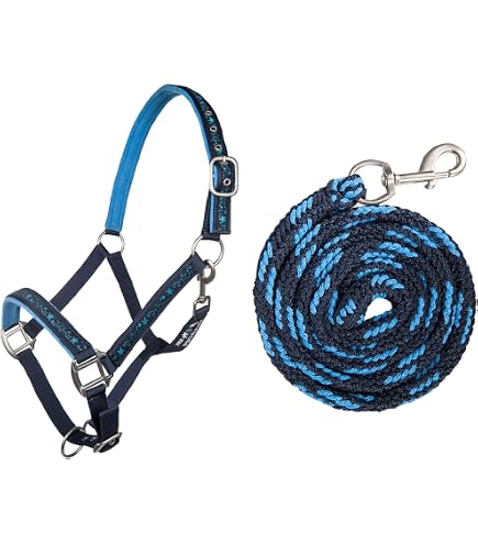 Licol En Cuir PFIFF 'Lina' Pour Cheval – Têtière Réglable Et Rembourrée – Cordons Tressés Ronds – Couleur Bleu Foncé