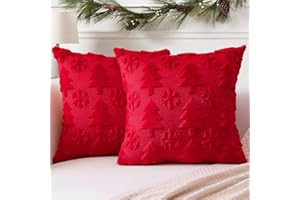 Artscope Juego de 2 Navideña Fundas de Cojines de Terciopelo Cojines de Sofá Funda de Almohada Decorativo Suave para Sofá Dormitorio Oficina Salón Árboles y Nieve Rojo, 50x50cm