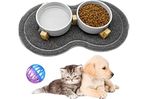 YUTUY Gamelle Chat Surélevée 2x400ML - Bol Chat Chien Ceramique avec Support et Tapis Antidérapant, Disponible pour Les Chats et Les Chiots (Grise)