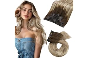 ‎MORESOO Moresoo Echthaar Extensions Clip Braun Clip in Extensions Echthaar Remy Ombre Haarverlängerung Echthaar Clip Doppelt Tressen Braun bis Hellbraun mit Goldblond #3/8/22 7pcs 120g 45cm