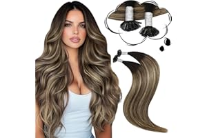 Moresoo Extension Cheveux Naturel Keratine Balayage Noir à Brun Foncé avec Blond Caramel Extension Keratine Cheveux Naturel 35 cm 40g 50 Mèches #1B/3/27