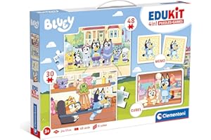 Clementoni Edukit zestaw gier planszowych, Edukit 4 w 1 Bluey (Memo, 30 i 48 elementów, 6 kostek), gra pamięciowa i logiczna z parą kartami, puzzle dla dzieci 3 lata, Made In Italy, 18320