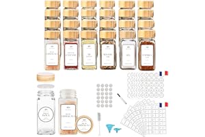 PASSION GATEAU 12 bocaux à épices carrés en verre 120 ml avec couvercle en bambou à visser pour rangement des épices cuisine avec 287 étiquettes, feutre, entonnoir et brosse de nettoyage