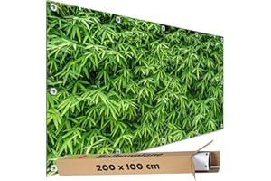TRIOSK Sichtschutz Balkon Deko Plane Balkonblende Blickdicht mit Motiv Bambus Pflanzen Hecke für Garten Terrasse Gartenzaun Balkonverkleidung Blickschutz PVC groß 200x100 cm Grün
