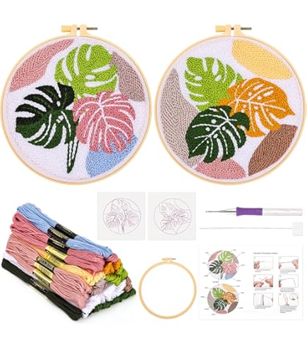 JSRQT Kit De Démarrage Punch Needle Avec Motif Paysage, Kit De Broderie Aiguille à Poinçonner Pour Adultes Enfants, Punch Needle Broderie Kits Faits à La Main Avec Cerceau à Broder, Aiguilles Et