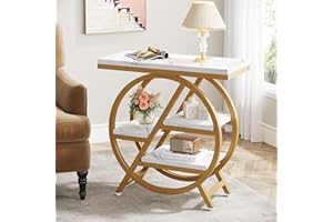 Tribesigns 3-poziomowy stolik pomocniczy z imitacji marmuru ze schowkiem, wąski drewniany stolik z metalową geometryczną ramą, nowoczesny stolik nocny do salonu