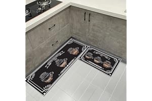 PQCXXA Black Kitchen Rugs and Mats Sets of 2 Pieces Funny Kitchen Decoration Non Slip Super Absorbent Kitchen Mat Runner Rug for Sink, Kitchen, Hallway, Laundry Room (Coffee, 40x120cm+40x60cm)