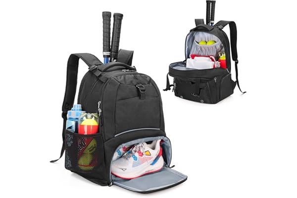 DSLEAF Sac à Dos de Tennis pour 2 Raquettes avec Espace Chaussures Ventilé Séparé pour Raquettes de Pickleball, Badminton, Squash et Accessoires