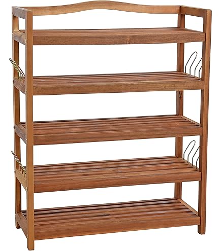 SogesPower Schoenenrek met 5 niveaus, houten schoenenrek, schoenenorganizer, schoenenrek, met bovenkast, 75 x 30 x 94,5 cm