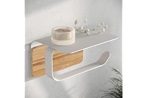 KAZAI.® Portarrollos de Papel Higiénico Leif - con Estante | Montaje en Pared y Autoadhesivo (Sin Taladro) | Acero Inoxidable y Auténtica Madera de Bambú | Soporte Papel para Baño | Blanco Mate