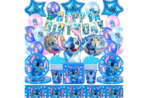Sammelalbum Anniversaire Stit-ch, Decoration Anniversaire Stit-ch, 92 Pièces Stit-ch Anniversaire Vaisselle li-lo, Ballon Stit-ch, Décorations de Table D'anniversaire pour Enfants(Bleu)