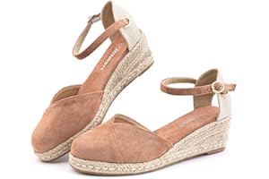 HITMARS Womens Sandals Ladies Wide Fit Closed Toe Mid Heel Espadrille Wedge Sandals Strappy Party Shoes Wedding Ankle Strap Bridal Black Beige UK Size 3.5-9