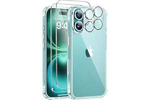Guisessy Schutzhülle Kompatibel mit iPhone 16 Hülle mit 2 Stück Kameraschutz und 2 Stück Schutzfolie PC Kratzresistente Rückseite Schutz Stoßfest Handyhülle, Transparent