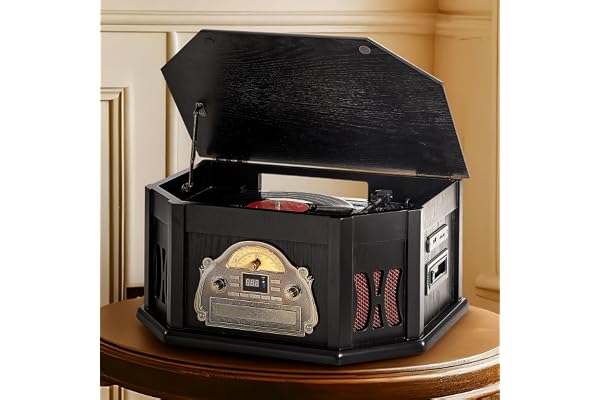 ORCC Tourne-disque vintage 10 en 1, avec carte cadeau, platine vinyle pour 33/45/78 tr/min, lecteur CD/USB/SD, Bluetooth et télécommande, radio FM/AM pour les amateurs de musique, noir