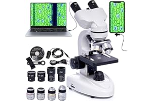 QQ CAT Microscopes binoculaires, 200X-5000X Microscopes composés biologiques composés avec multiplicateur 6x, oculaires électroniques et adaptateur de téléphone pour adultes, débutants, cadeaux