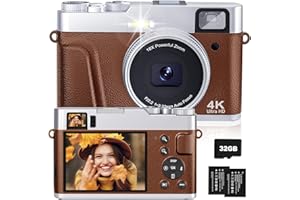 CAMKORY Camara de Fotos Digital 4K 48MP Autofoco Tarjeta 32G Visor Optico Cámara Compacta Zoom 16X Flash Fácil de Usar Estabilización Imagen Principiante 2 Baterías Marrón