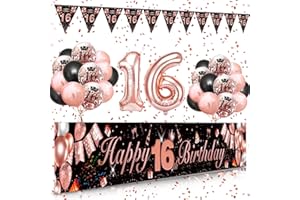 SWPEED 16th Birthday Decorations for Girls, 16th Birthday Decoration Kit with Rose Gold Happy 16th Birthday Banner, Black Rose Gold Balloons Confetti Balloons, Number 16 Balloon Triangle Flag Banner
