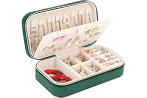 CASIWAFT Jewellery Box Organiser, Mini Velvet Travel Jewelry Case with Zipper for Rings Earrings Necklace Bracelets, Small Portable Travel Jewellery Organiser Storage Case for Girls Women, Dark Green
