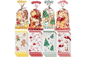 Uuams 4 Stile Kekstüten Weihnachten, 100 Stück Plätzchentüten, Weihnachtstüten zum Befüllen, Süßigkeiten Weihnachten, Geschenktüten, Geschenktüten Weihnachten, Cellophantüten mit Twist Krawatten