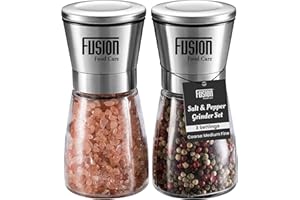 FUSION FOOD CARE Fusion Food Salt and Pepper Grinder Set – Refillable Salt & Pepper Mills with Adjustable Coarseness – Premium Stainless Steel & Glass Design – Perfect for Fresh Spices and Seasoning