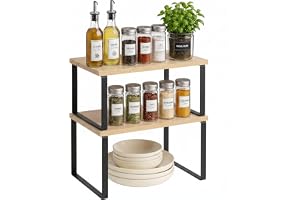 Relaxdays kryddhylla, 2-pack, natur-svart | Kökshylla, skåp och bänkskiva, stapelbara kryddhyllor, MDF och järn