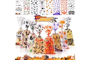 CLEANEATY 200pcs Halloween Cellophane Bags, Pumpkin Spider Bat Candy Transparent Halloween Sweet Treat Bags With Twist Tie for Trick or Treat Party Favor Supplies