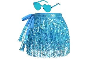 WEROWNSGSO Glitzer Rock Damen Fransen Rock Glitzer mit Hippie Brille Mini Latein Rock Kurz Bauchtanz Kostüm Rave-Kostüm für Frauen Mädchen