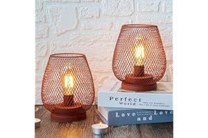 TRIROCKS Set di 2 lampade a batteria in metallo alte 17 cm a forma di gabbia da tavolo senza fili Lanterne a batteria con lampadina a LED per giardino, matrimonio e feste all'interno (rosso)