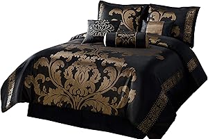 Chezmoi Collection 7-Piece Jacquard Floral Comforter Set/Bed-in-a-Bag Set, King, Black Gold