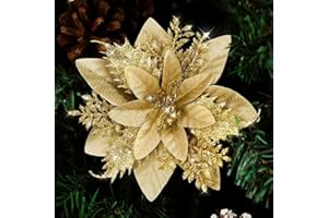 Veryhome 24pcs Poinsettia Christmas Decorations Artificial Poinsettia Flowers Heads Red Glitter Ornaments for Christmas Tree Decorations (Gold)
