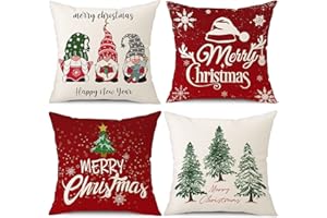 HIALTODAY Christmas Cushion Cover Decorations, Xmas Throw Pillow Case Set of 4 Linen Plaid Square Decorative Cushions for Home Sofa Bed Indoor Decor, 45 x 45 cm
