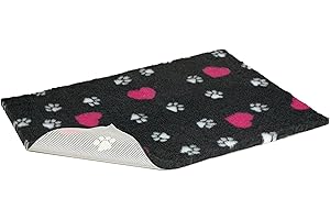 Vetbed - Tapis antidérapant avec Motifs Traces de Pattes de Chien et cœurs Roses, Petit, Gris Charbon