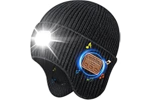 UNBON Idée Cadeau Homme Noël Original Utile Personnalisé, Cadeau Noël Anniversaire Homme Papa Femme, Bonnet Bluetooth avec Lampe Frontale, Bonnet LED Connecté Bluetooth avec Cache Oreille Chaud, Noir