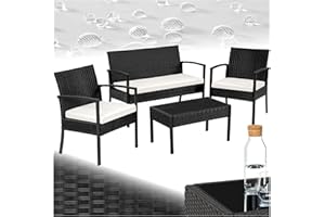 TecTake® Set di Mobili in Rattan Sparta, Set Sedie, Panca, Tavolino Salotto con Lastra in Vetro, Comodi Cuscini Idrorepellenti, Ideale per Giardino, Terrazzo, Veranda - Nero