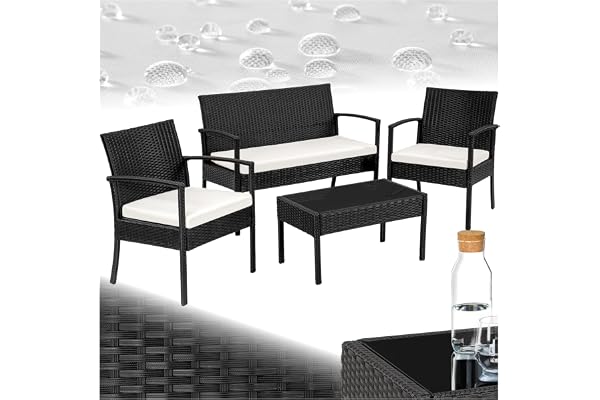 tectake® Ensemble Salon de Jardin Exterieur en Poly Rotin Canapé 2 Places 2 Fauteuil Salon et 1 Table de Jardin, Mobilier de Jardin pour Amenagement Balcon Terrasse Veranda
