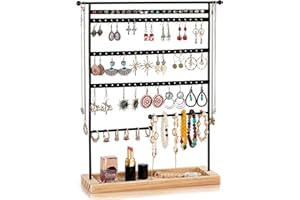 QILICZ Présentoir à bijoux - 80 trous - Support pour boucles d'oreilles - 7 animaux - Métal - Avec rangement en bois - 37 x 31 cm - Noir