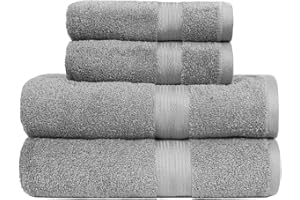 Amazon Basics Juego Toallas Baño Completo 100% Algodón 2 Toallas Baño + 2 Mano, Gris, Pack 4 Unidades