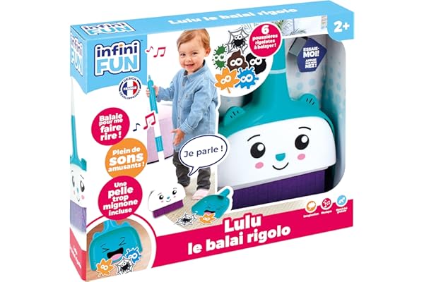 Infini Fun - Lulu Le Balai Rigolo - Le Premier Balai Qui Parle lorsqu’on balaie ! - Set Complet avec Le balais, la Pelle et des poussières rigolotes - Jouets d'imitation pour Enfants dès 2 Ans