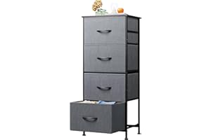 WLIVE Cómoda De Tela, Cómoda con 4 Cajones, Cómoda De Dormitorio, Armario En Torre con Estructura De Acero, Adecuada para Sala De Estar, Habitación De Niños, Pasillo, Gris Negro