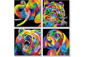 Lxmsja 4 Pack Framed Paint by Numbers for Adults Children, Colorful Animals Painting by Numbers Kit for Kids Adults Canvas Kits, Easy DIY Acrylic Pigment Drawing Paintwork for Home Wall Decor 20x20cm