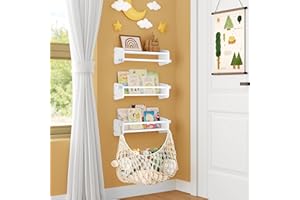 GoTiling Montessori Children's Wall Bookcase Set of 4: 40 cm Floating Wall Shelf Children's Shelf with 1 Storage Net - Montessori Children's Shelves for Books, Toys and Decoration (Wood, White, Wall