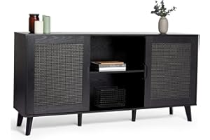 Spinningfield Rattan Sideboard - Large Black Storage Cabinet - Wide Sideboard for Living Room - Wood Effect Storage Unit w/Open Shelving & Tapered Legs - Furniture for Lounge & Hallway - Barton Range