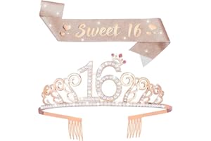 QHGPNT 16th Birthday Sash and Tiara for Girls, Rose Gold Rhinestone Crown 16 & Decorative Satin Sash, Sweet Sixteen Birthday Crown, 16th Birthday Gifts for Happy 16th Birthday Party Favor Supplies
