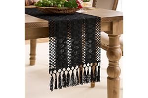 Aisybaklyn Bieżnik na stół, czarny, nowoczesny, z frędzlami, bieżnik w stylu boho, bieżnik z bawełny i lnu, 30 x 140 cm, do kuchni, dekoracja stołu, stół do jadalni, stolik kawowy, dekoracja na wesele