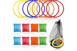 TIMJJG Set di 16 giocattoli da lancio con 1 borsa a rete nera, set di anelli di lancio di pouf colorati, giochi di lancio per bambini per festa di compleanno, attività indoor ed all'aperto