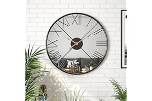 TOPCITY 20inch Large Modern Mirror Wall Clock for Living Room,Decorative Metal Roman Numeral Big Clock Home Decor Silent Non Ticking Mirrored Wall Clocks for Kitchen, Bedroom, Study,Black Decoration